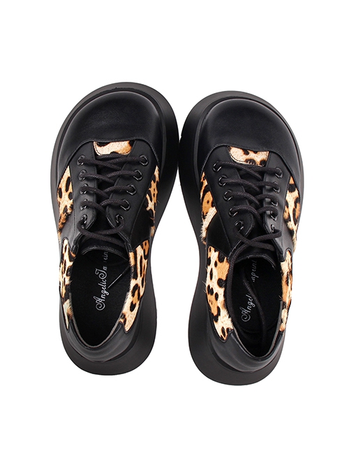 Black Autumn Winter Leopard Print Denim Stitching Round Toe Lace-Up Platform Shoes Classic Lolita Shoes