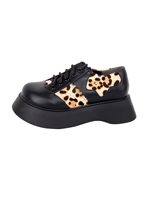 Black Autumn Winter Leopard Print Denim Stitching Round Toe Lace-Up Platform Shoes Classic Lolita Shoes