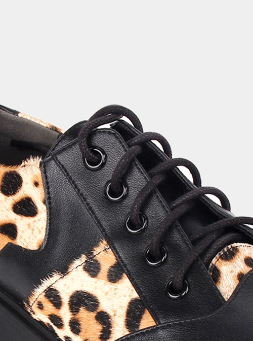 Black Autumn Winter Leopard Print Denim Stitching Round Toe Lace-Up Platform Shoes Classic Lolita Shoes