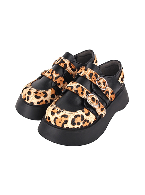 Autumn Winter Leopard Print Stitching Round Toe All-Match Buckle Platform Shoes Classic Lolita Shoes