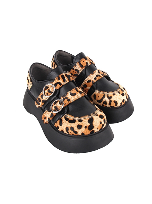 Autumn Winter Leopard Print Stitching Round Toe All-Match Buckle Platform Shoes Classic Lolita Shoes