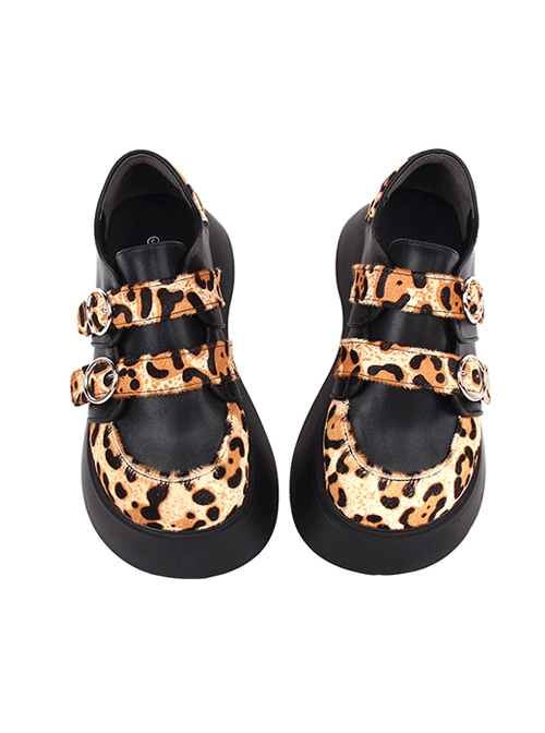 Autumn Winter Leopard Print Stitching Round Toe All-Match Buckle Platform Shoes Classic Lolita Shoes