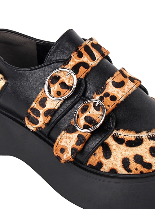 Autumn Winter Leopard Print Stitching Round Toe All-Match Buckle Platform Shoes Classic Lolita Shoes