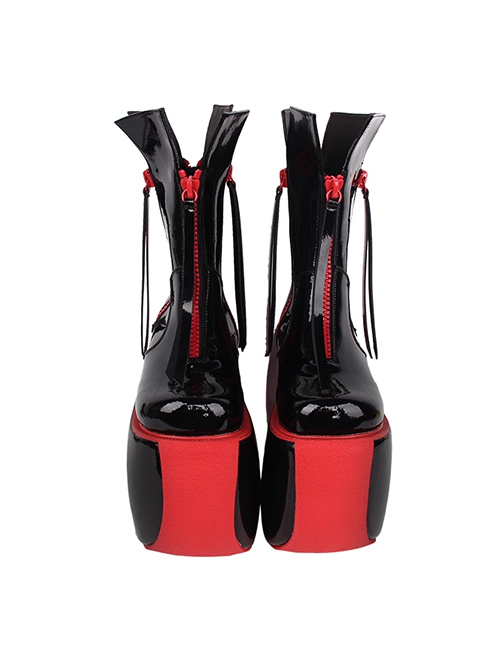 Red Black Color Contrast Super High Heel Tassel Leather Punk Lolita Boots