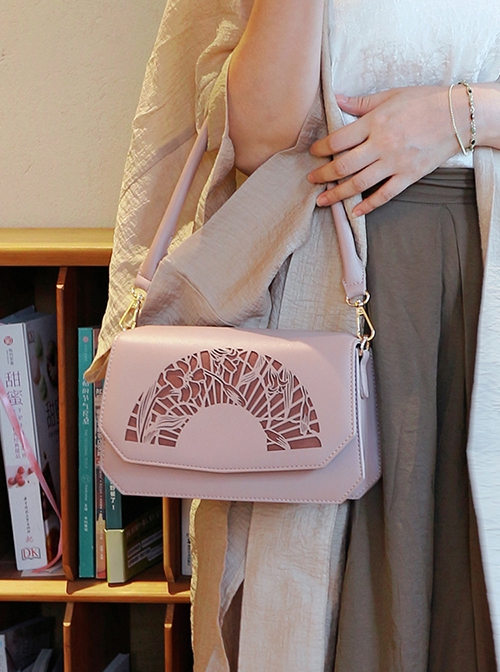 Solid Color New Chinese Han Element Lily Fan-Shaped Hollow Carved Classic Lolita Hand Shoulder Bag