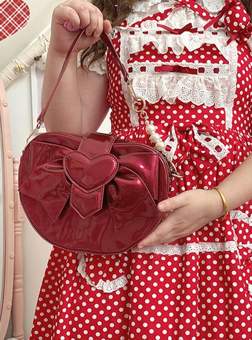 Little Apple Series Elegant Lovely Bowknot Heart Patent Leather Classic Lolita Portable Messenger Bag