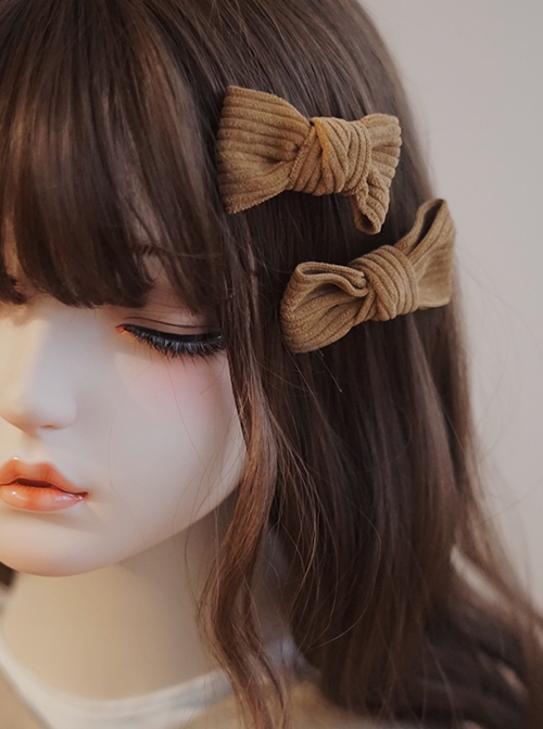 Autumn Winter Golden Brown Caramel Corduroy Handmade Bow-Knot Classic Lolita Hair Clip