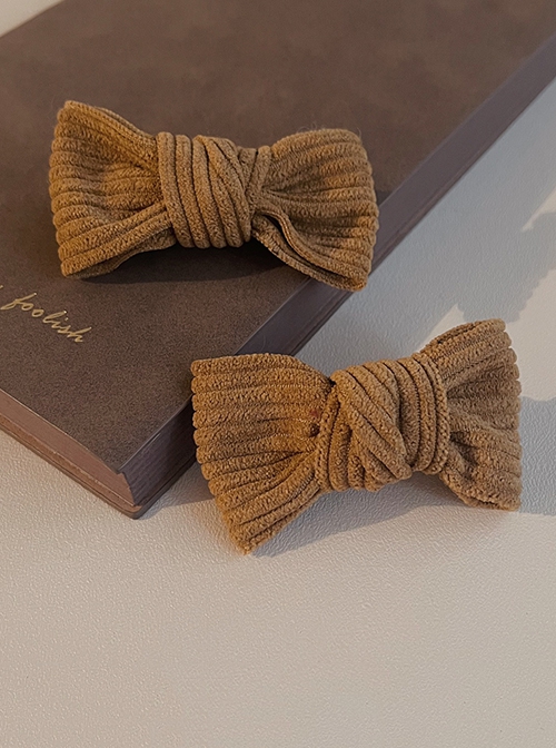 Autumn Winter Golden Brown Caramel Corduroy Handmade Bow-Knot Classic Lolita Hair Clip