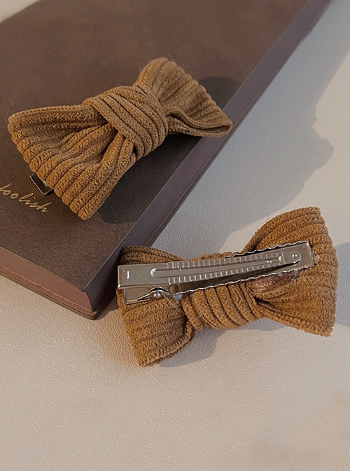 Autumn Winter Golden Brown Caramel Corduroy Handmade Bow-Knot Classic Lolita Hair Clip