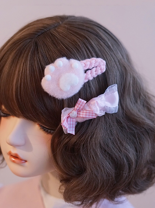 Pink Gauze Plaid Bow Knot Plush Cat Claw Sweet Lolita Hair Clip