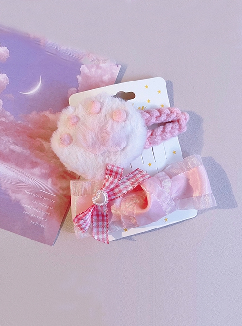 Pink Gauze Plaid Bow Knot Plush Cat Claw Sweet Lolita Hair Clip