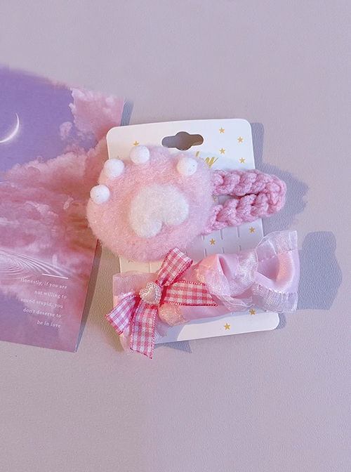 Pink Gauze Plaid Bow Knot Plush Cat Claw Sweet Lolita Hair Clip