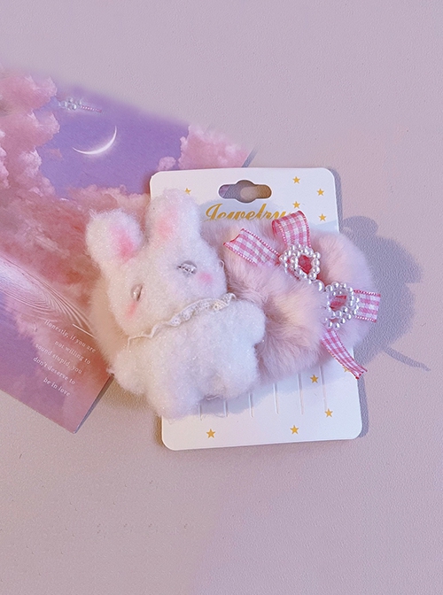 Plush Little Rabbit Plaid Bow-Knot Sweet Lolita Plush Hair Clip