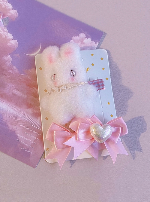 Handmade Heart Bow-Knot Plush Bunny Sweet Lolita Hair Clip