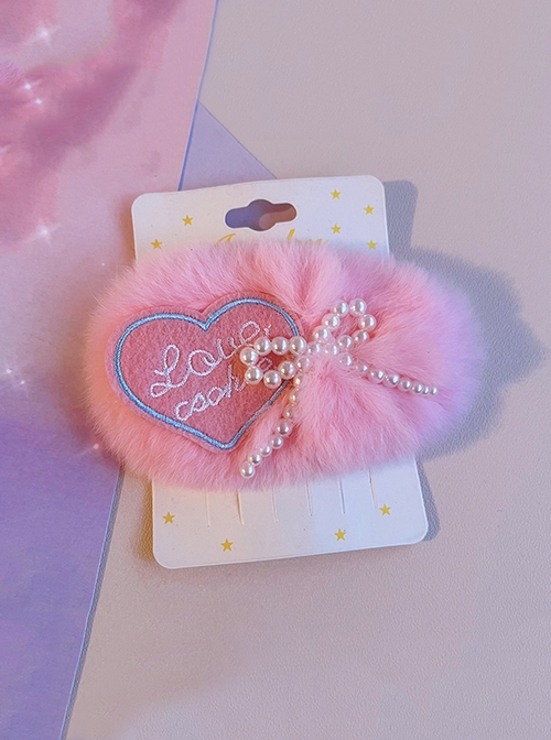 Pink Heart Embroidery Bead Bow Knot Sweet Lolita Plush Hair Clip