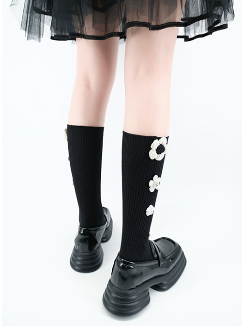 White Woven Small Flower Design Cute Versatile Classic Lolita Socks