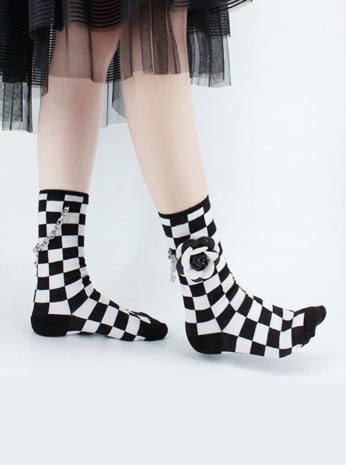 Black White Checkerboard Flower Chain Love Bear Pendant Design Classic Lolita Socks