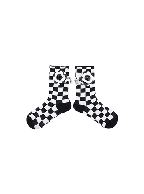 Black White Checkerboard Flower Chain Love Bear Pendant Design Classic Lolita Socks