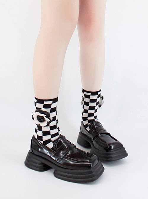 Black White Checkerboard Flower Chain Love Bear Pendant Design Classic Lolita Socks