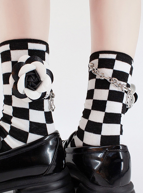 Black White Checkerboard Flower Chain Love Bear Pendant Design Classic Lolita Socks