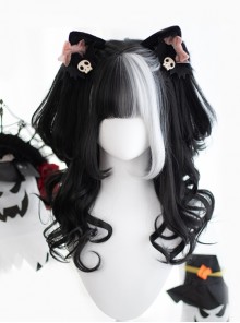 Black White Bangs Halloween Double Ponytail Tiger Clip Natural Long Curly Hair Classic Lolita Wig