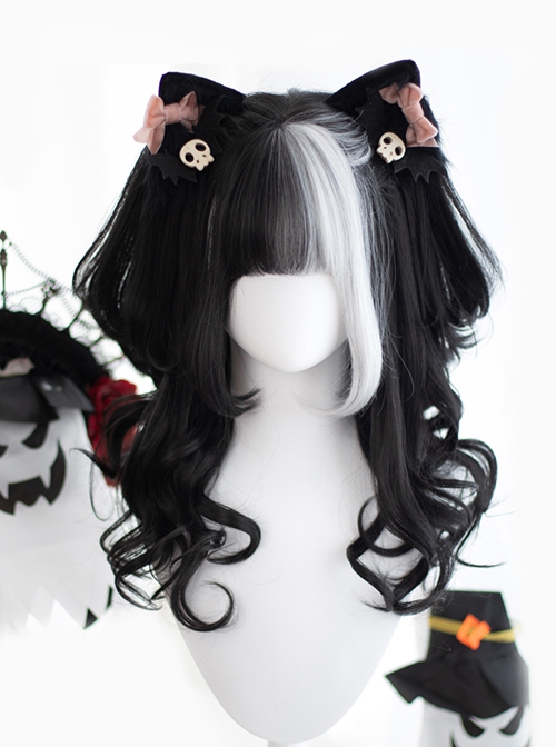 Black White Bangs Halloween Double Ponytail Tiger Clip Natural Long Curly Hair Classic Lolita Wig