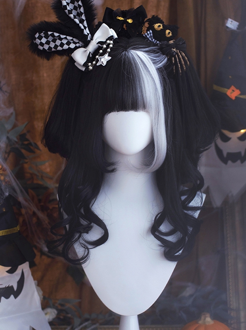 Black White Bangs Halloween Double Ponytail Tiger Clip Natural Long Curly Hair Classic Lolita Wig