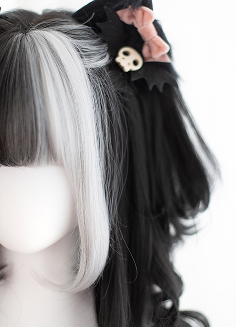 Black White Bangs Halloween Double Ponytail Tiger Clip Natural Long Curly Hair Classic Lolita Wig