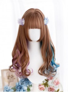Pink Blue Brown Mixed Color Irregular Romantic Medium Long Curly Hair Classic Lolita Wig