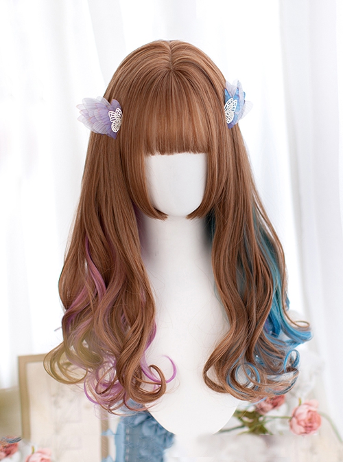 Pink Blue Brown Mixed Color Irregular Romantic Medium Long Curly Hair Classic Lolita Wig