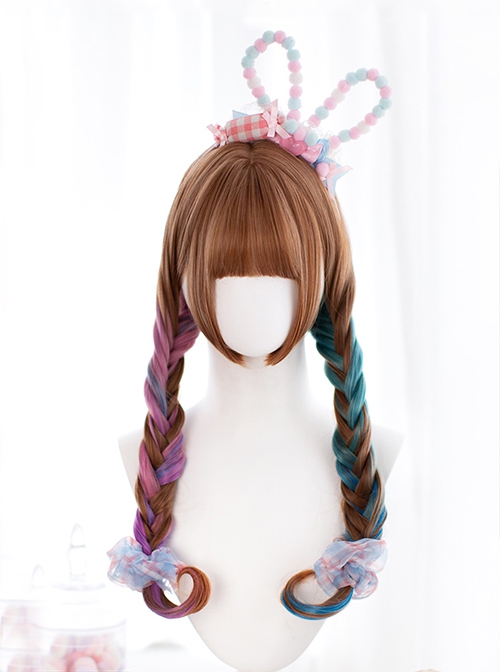 Pink Blue Brown Mixed Color Irregular Romantic Medium Long Curly Hair Classic Lolita Wig