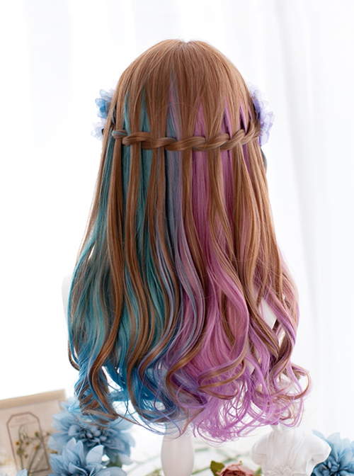 Pink Blue Brown Mixed Color Irregular Romantic Medium Long Curly Hair Classic Lolita Wig