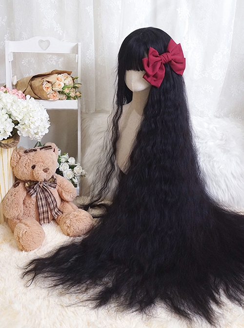 Natural Black Princess Long Curly Hair Super Long Small Curly Hair Qi Bangs Classic Lolita Wig