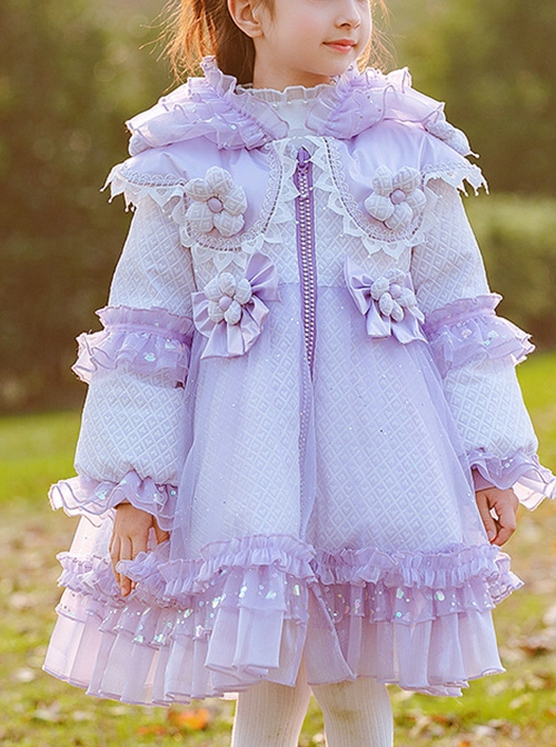 Purple Fantasy Cute Flower Lace Edge Winter Down Warm Sweet Lolita Kids Long-Sleeved Coat