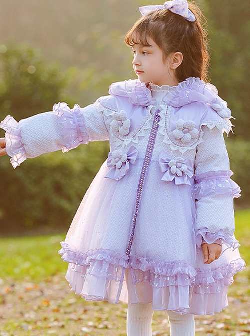 Purple Fantasy Cute Flower Lace Edge Winter Down Warm Sweet Lolita Kids Long-Sleeved Coat