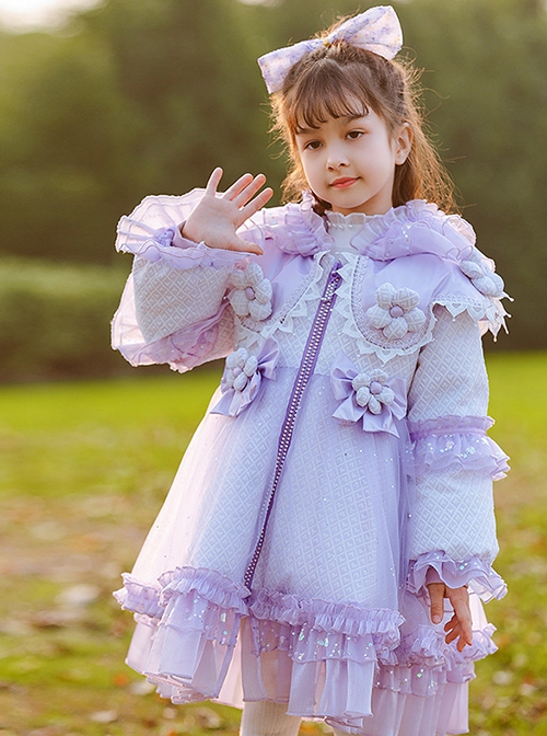 Purple Fantasy Cute Flower Lace Edge Winter Down Warm Sweet Lolita Kids Long-Sleeved Coat