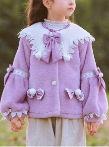 Purple Plush Cute Princess Style Thick Winter Bow-Knot Lace Decoration Sweet Lolita Kids Long-Sleeved Coat