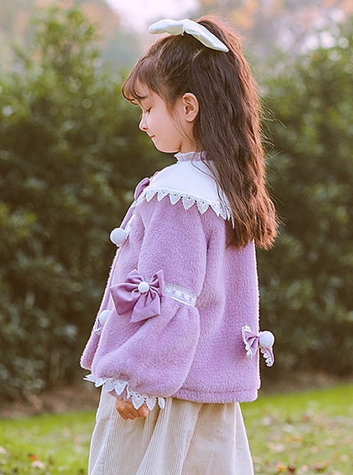 Purple Plush Cute Princess Style Thick Winter Bow-Knot Lace Decoration Sweet Lolita Kids Long-Sleeved Coat