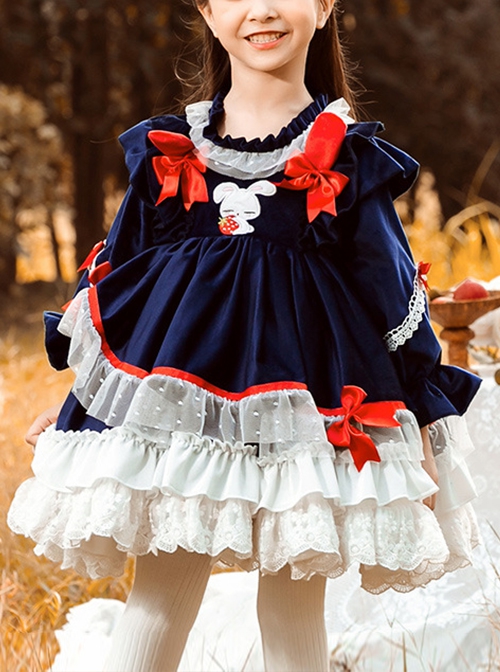 Dark Blue Velvet Red Rabbit Ears Polka Dot Lace Hem Classic Lolita Kids Long Sleeve Dress