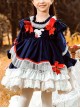Dark Blue Velvet Red Rabbit Ears Polka Dot Lace Hem Classic Lolita Kids Long Sleeve Dress