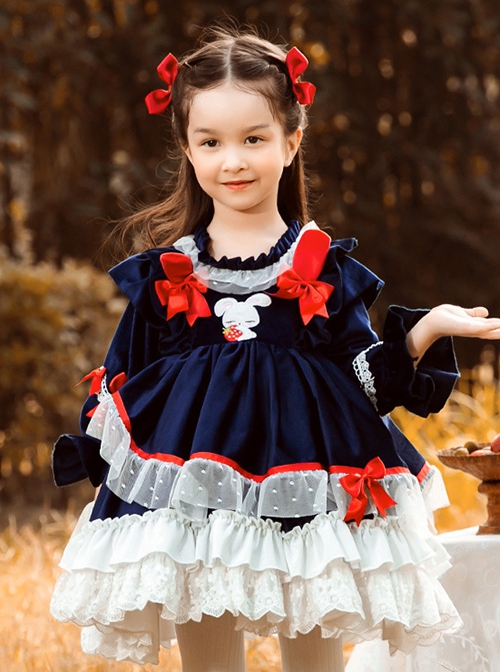 Dark Blue Velvet Red Rabbit Ears Polka Dot Lace Hem Classic Lolita Kids Long Sleeve Dress