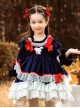 Dark Blue Velvet Red Rabbit Ears Polka Dot Lace Hem Classic Lolita Kids Long Sleeve Dress