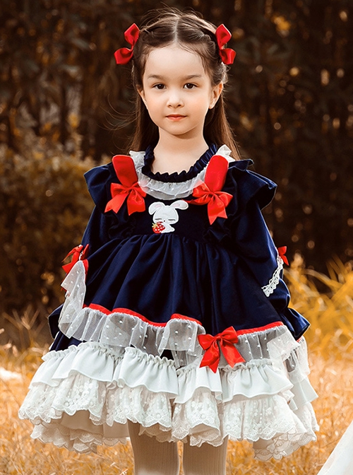 Dark Blue Velvet Red Rabbit Ears Polka Dot Lace Hem Classic Lolita Kids Long Sleeve Dress