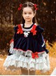 Dark Blue Velvet Red Rabbit Ears Polka Dot Lace Hem Classic Lolita Kids Long Sleeve Dress