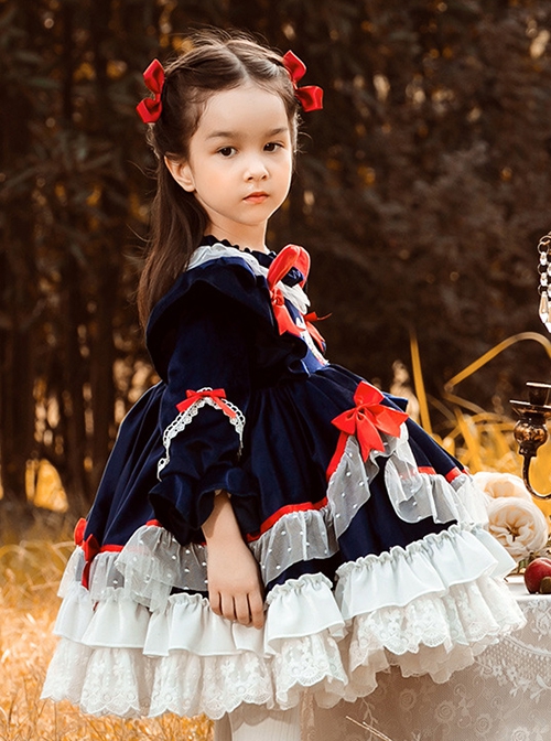 Dark Blue Velvet Red Rabbit Ears Polka Dot Lace Hem Classic Lolita Kids Long Sleeve Dress