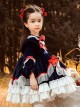 Dark Blue Velvet Red Rabbit Ears Polka Dot Lace Hem Classic Lolita Kids Long Sleeve Dress