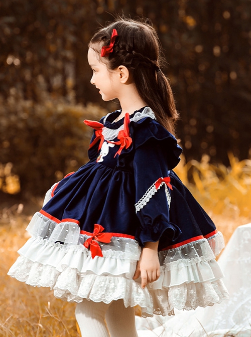 Dark Blue Velvet Red Rabbit Ears Polka Dot Lace Hem Classic Lolita Kids Long Sleeve Dress