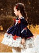 Dark Blue Velvet Red Rabbit Ears Polka Dot Lace Hem Classic Lolita Kids Long Sleeve Dress