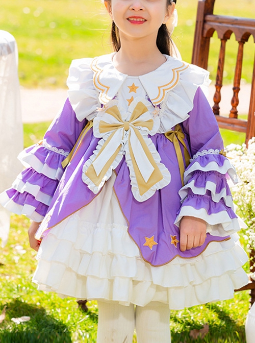 Petal Collar Star Bow-Knot Decoration Princess Style Spring Classic Lolita Kids Long Sleeve Dress