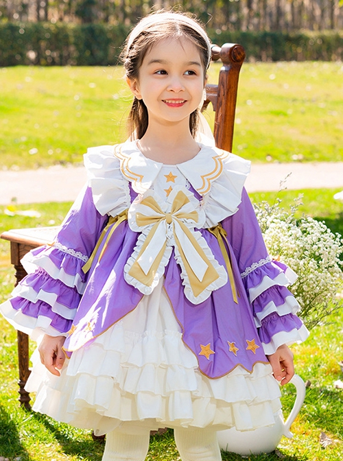 Petal Collar Star Bow-Knot Decoration Princess Style Spring Classic Lolita Kids Long Sleeve Dress